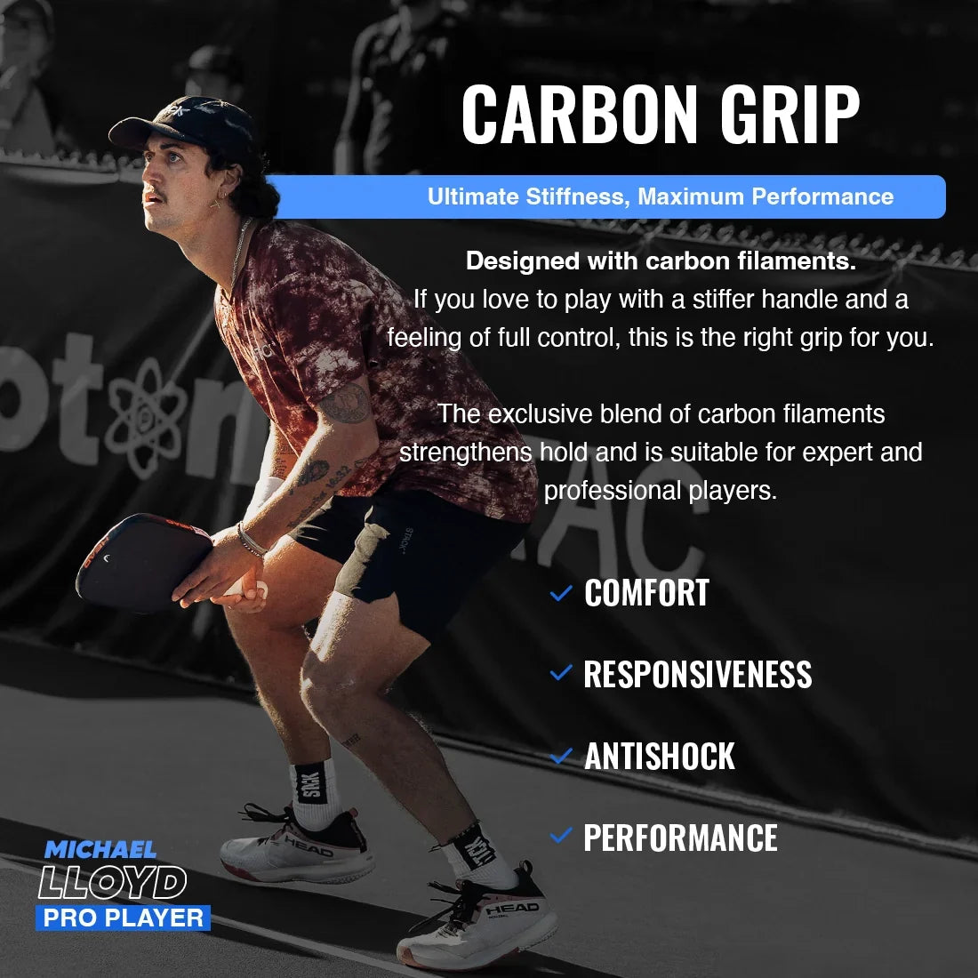 Pickleball Carbon Grip - 5.25 Inches Long - Stiff Feel - Charcoal